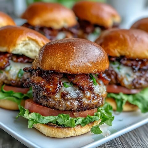 Juicy Father's Day Grilled Bacon Burger Sliders with melted cheese, ready to serve.