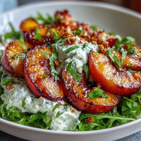 Close-up of a Grilled Peach and Burrata Salad with honey dressing, drizzled.