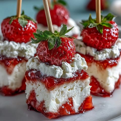 Mini strawberry shortcake bites stacked on a skewer, with berries and cream.
