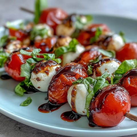 Mini Caprese skewers bursting with fresh tomatoes, mozzarella, basil, and balsamic glaze.