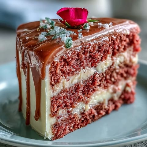Elegant Bridal Shower Rosé Velvet Cake with glistening gold drip.