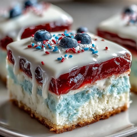 Patriotic Poke Cake: moist, colorful gelatin filling, creamy white chocolate.
