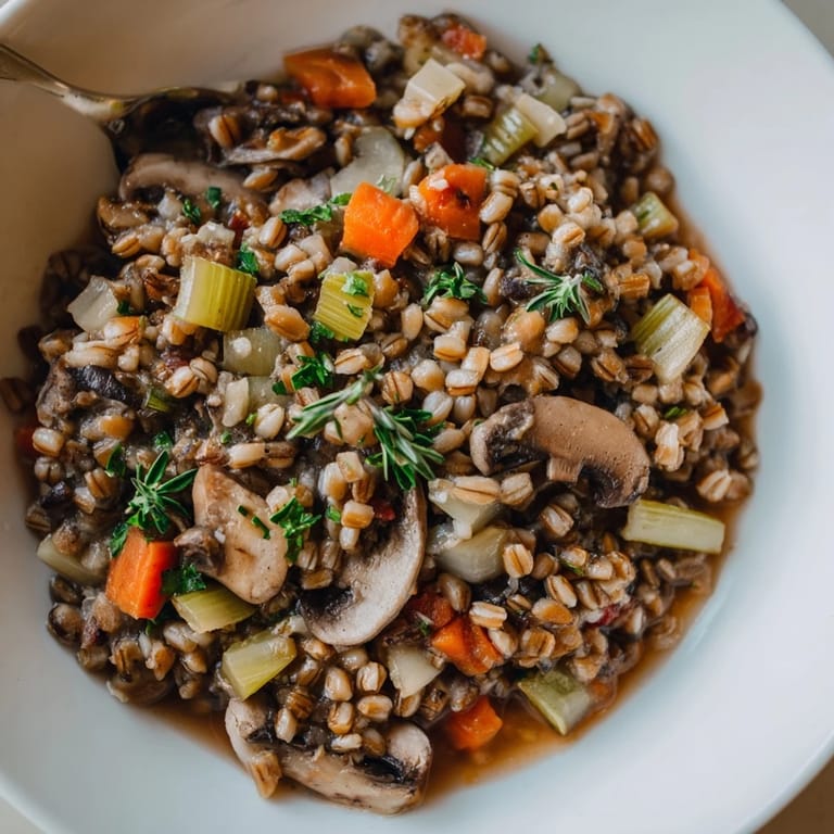 Warm, savory mushroom and barley stew garnished with fresh parsley, perfect for dinner.  