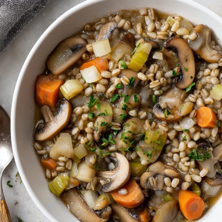 Comforting slow-cooked mushroom and barley stew with vegetables, ideal for chilly days.
