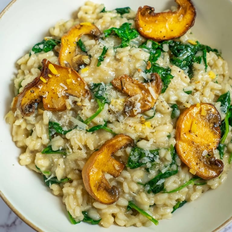Rich and savory Creamy Mushroom and Spinach Risotto served with a crisp white wine.