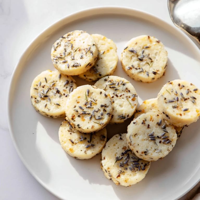 Buttery lavender honey shortbread cookies, beautifully arranged on a festive serving platter.  