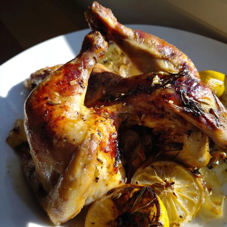 Golden, crispy Lemon Herb Roasted Chicken with Garlic resting on a platter, ready to serve.  