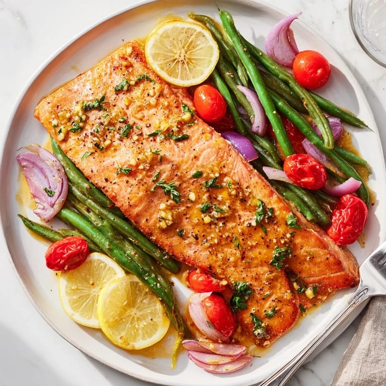 Delicious Easy One-Pan Lemon Garlic Salmon with vibrant veggies, ready in 25 minutes.  