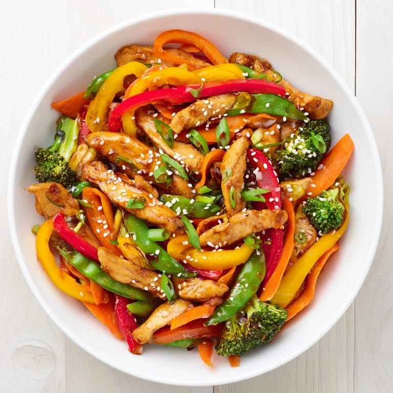 Savory Spicy Chicken and Veggie Stir-Fry showcasing crisp vegetables in bold sauce.
