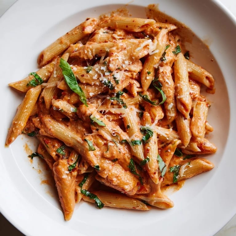 Rich, creamy tomato basil pasta served in a rustic bowl, perfect for dinner.