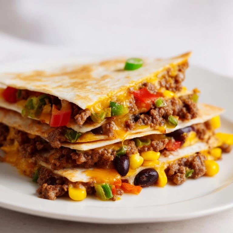 Delicious sheet pan quesadillas with beef, featuring melted cheese and a colorful vegetable filling, perfect for dinner.