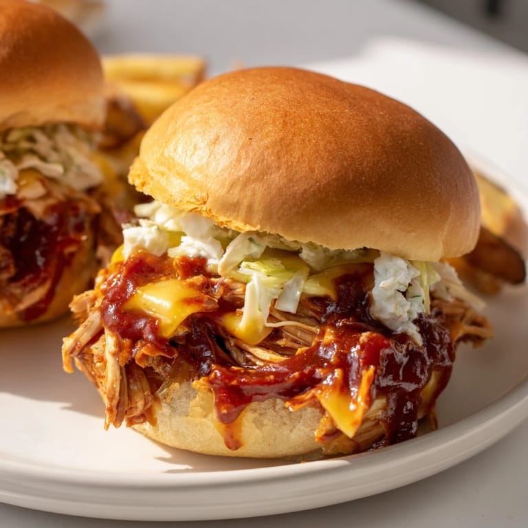 Warm, melty cheddar tops the BBQ Chicken Sliders; the plate also displays golden, perfectly seasoned fries.