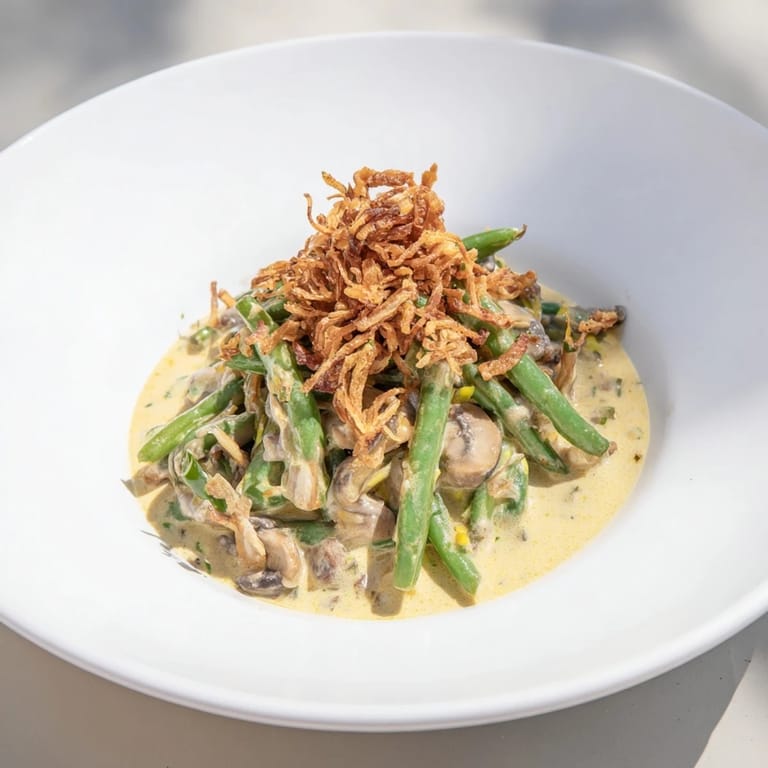 A bubbling baking dish of Old-School Green Bean Casserole, a comforting side topped with crispy onions.