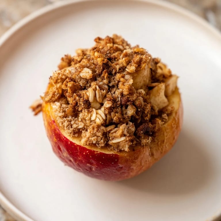 Close-up of bubbling oat-nut crumble topping baked onto tender, juicy Baked Apples for a sweet treat.