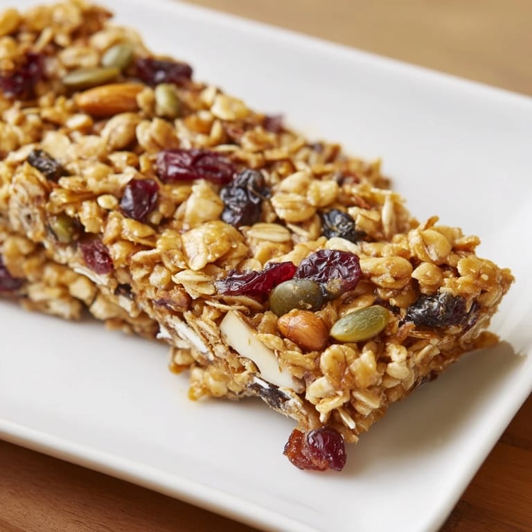 Homemade granola bars feature toasted pumpkin seeds and cranberries nestled in a chewy, honey-sweetened base.