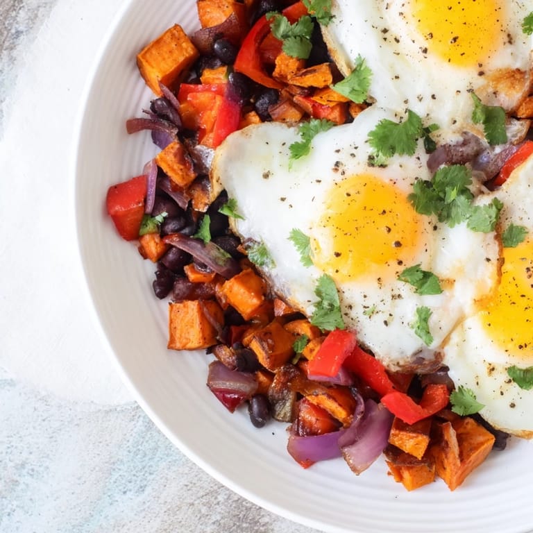 This Sweet Potato & Black Bean Breakfast Hash is a hearty, flavorful dish with a runny egg and fresh cilantro.