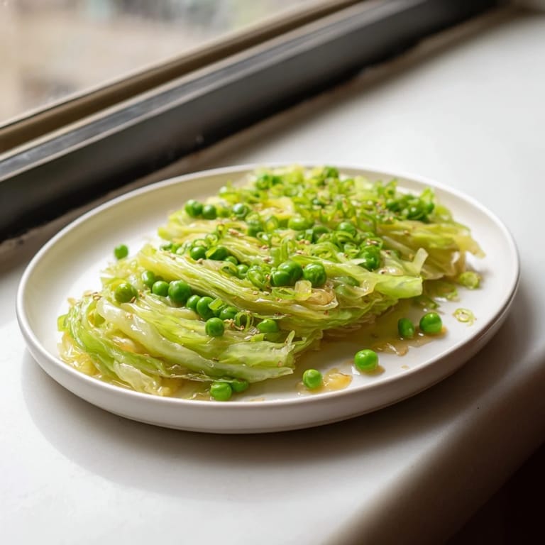 A close-up of colorful cabbage stir-fry with garlic, soy, and peas, a quick vegetarian dish.