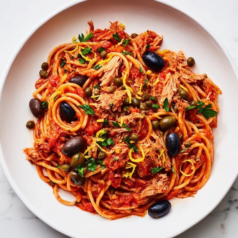 Delicious Pasta with Tuna, Olives & Capers: Enjoy a forkful of this tangy, Mediterranean pasta meal.
