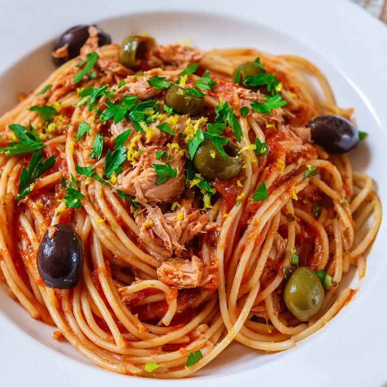 Pasta with Tuna Olives & Capers, featuring perfectly cooked pasta tossed in a rich tomato sauce and tuna.