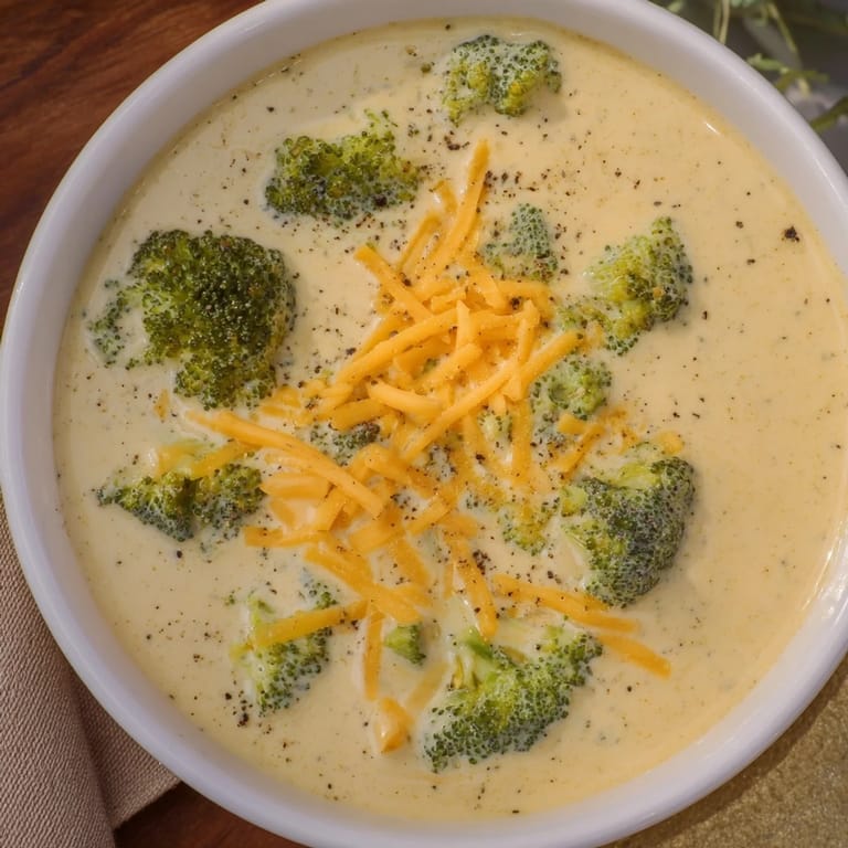 A close-up of a velvety Broccoli Cheese Soup, garnished with a sprinkle of fresh black pepper.