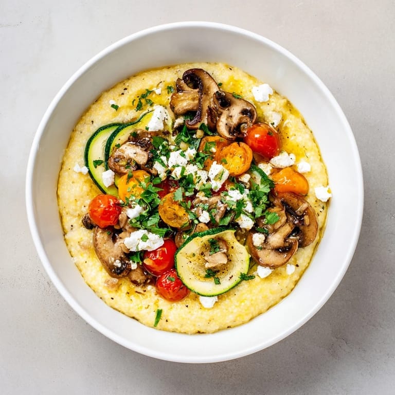 A warm Cornmeal Mush Polenta Bowl topped with sauteed mushrooms, fresh herbs, and crumbled feta cheese.