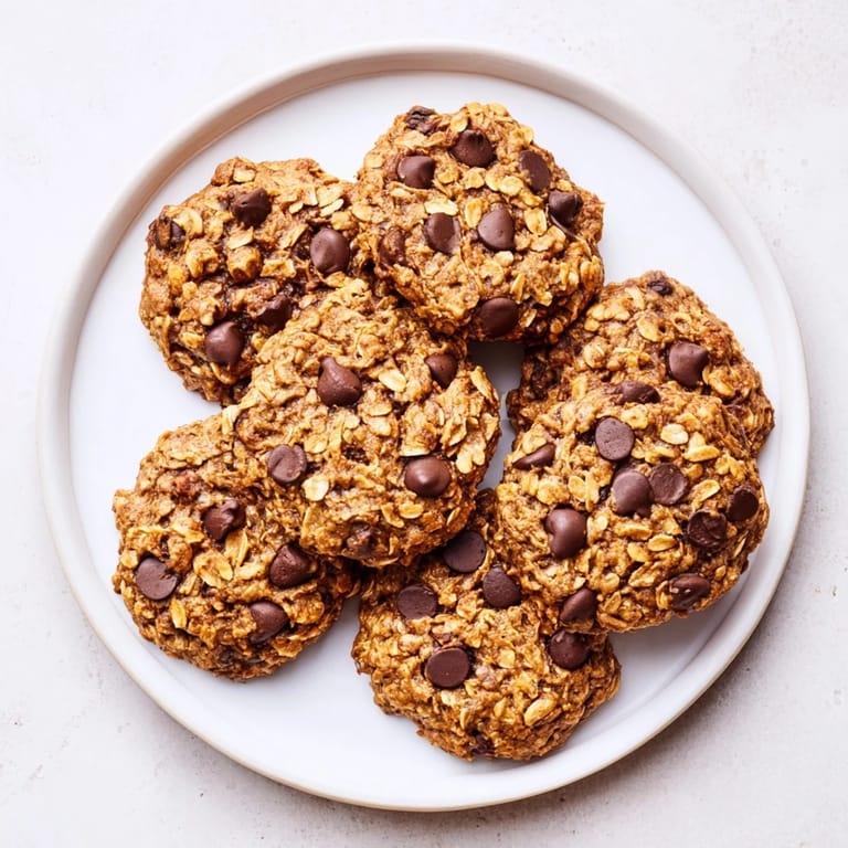 Delicious, chewy Oat-Banana Chocolate Chip Cookies, fresh from the oven, offering a sweet aroma.