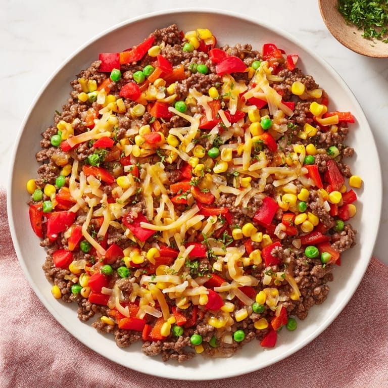 This Ground Beef Skillet with Veggies & Rice shows colorful bell peppers beside seasoned ground beef.
