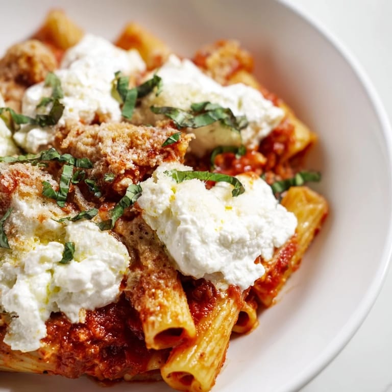 Homemade One-Pan Baked Ziti, ready to serve with fresh basil: a flavorful and simple family meal.