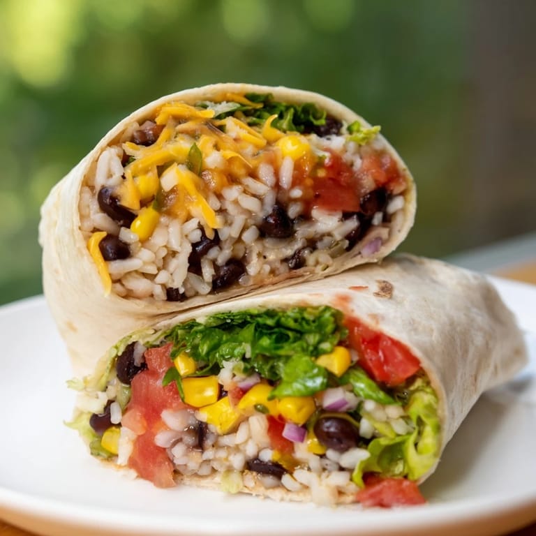 Freshly made Rice & Bean Burritos ready to eat, featuring a vibrant blend of ingredients.
