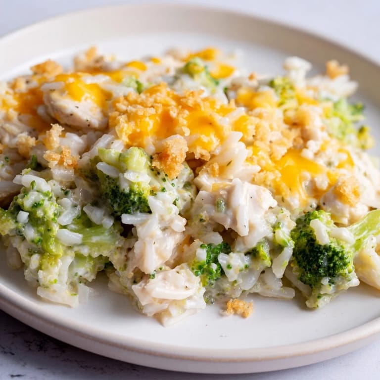 A close-up view of creamy Chicken & Broccoli Rice Casserole, showcasing tender chicken and broccoli.