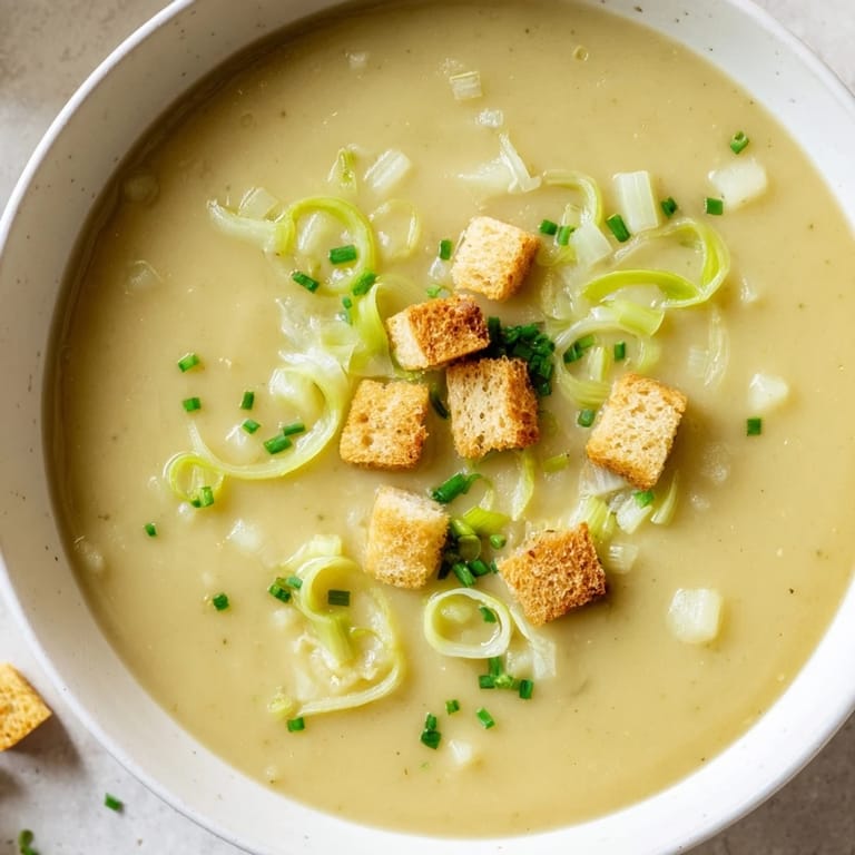 Homemade Potato Leek Soup, perfectly smooth textured and ready to serve on a chilly evening.