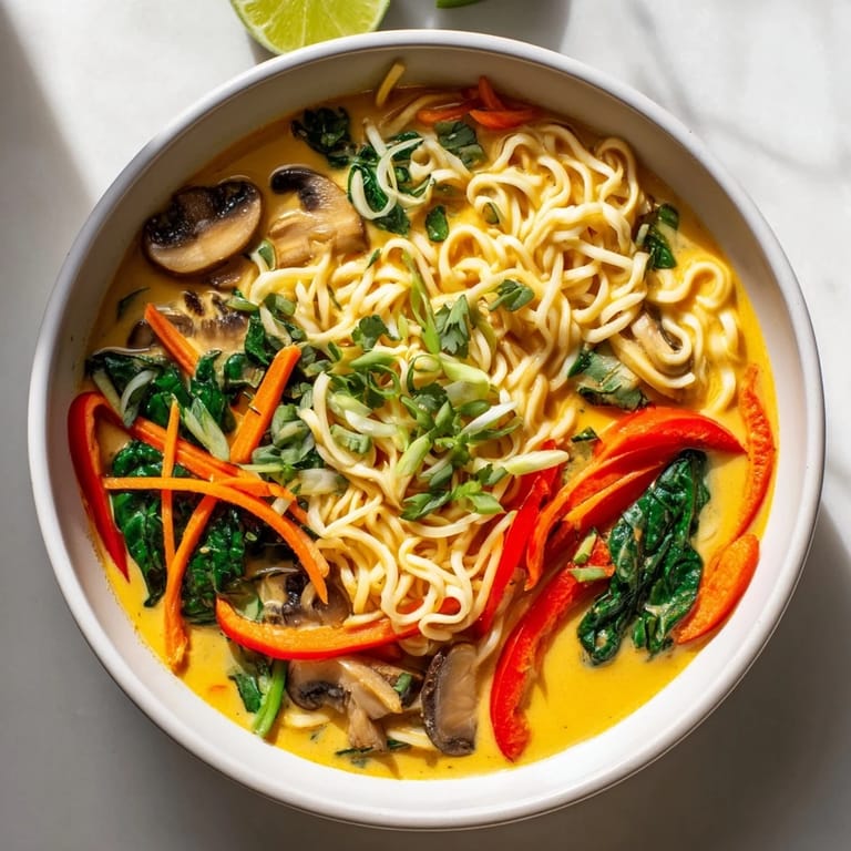Hearty and flavorful Curry Coconut Ramen, ready to eat, with floating vegetables and bright green onion.
