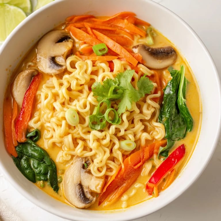 Creamy, fragrant Curry Coconut Ramen served with a lime wedge, promising a savory, satisfying taste.