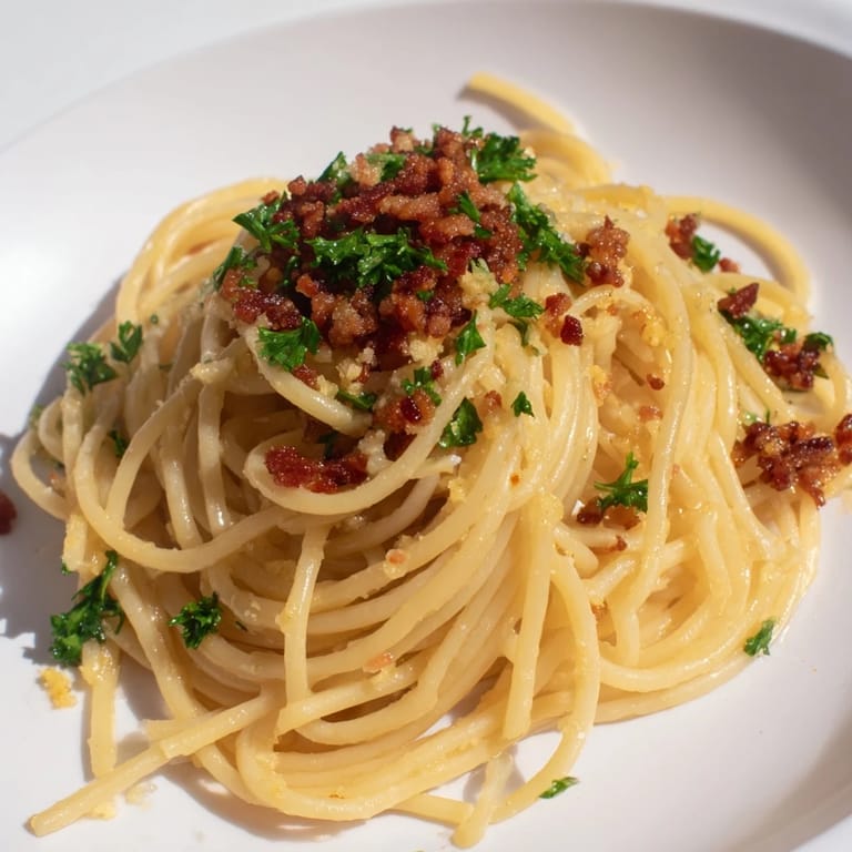 Golden brown bacon crumbles topping a creamy bowl of Garlic Butter Pasta, a delicious Italian-American dish.