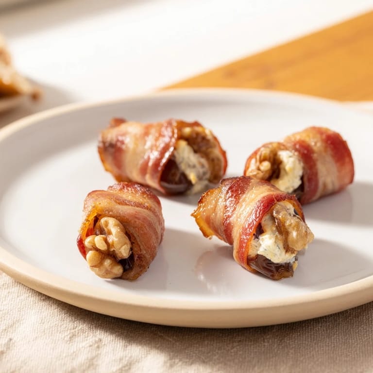 Delicious, bacon wrapped dates: Sweet Medjool dates with savory bacon and walnut filling.