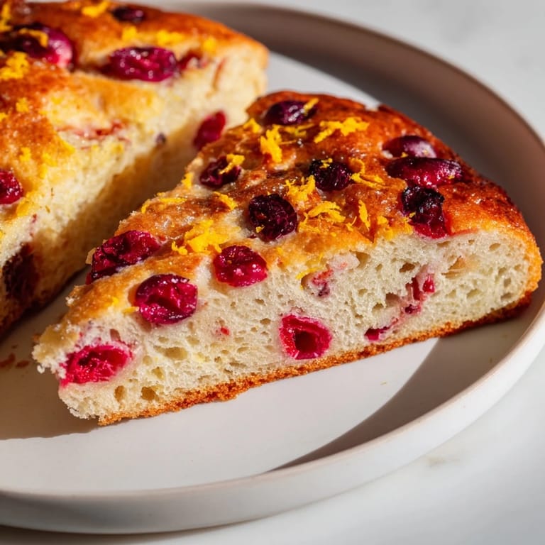 Picture the beautiful, dimpled surface of this Cranberry Orange No-Knead Focaccia ready to be sliced.