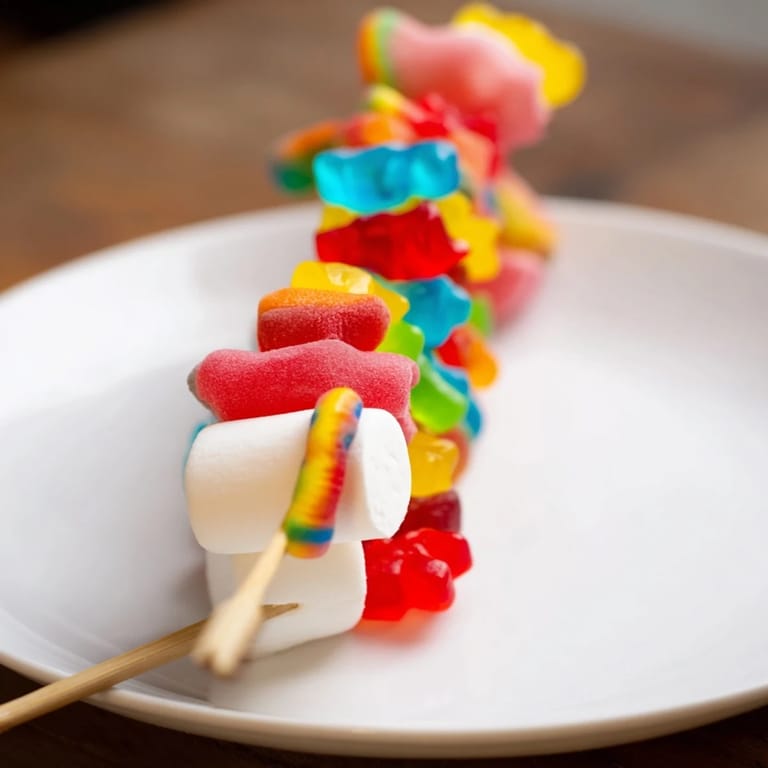 Close-up of a festive gummy candy kabobs display, ready to enjoy at the next celebration or party.