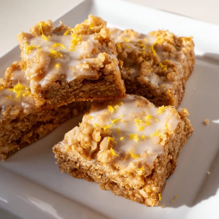 Square slices of Lemon-Glazed Gingerbread Crumble Bars, an easy dessert with a festive flavor profile.