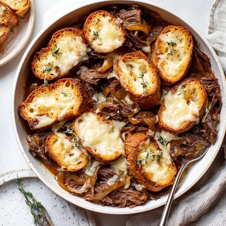 A close up of the richly flavored French Onion Pot Roast Casserole, perfect for a cold evening.