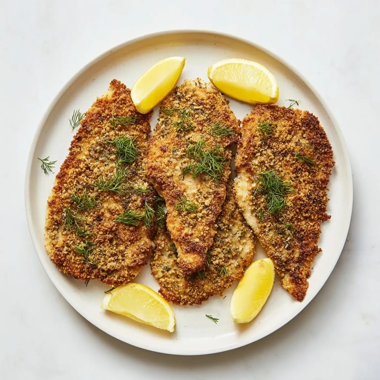 A close-up of pan-fried Pickle-Brined Chicken Cutlets showing the perfect crunchy breadcrumb crust.