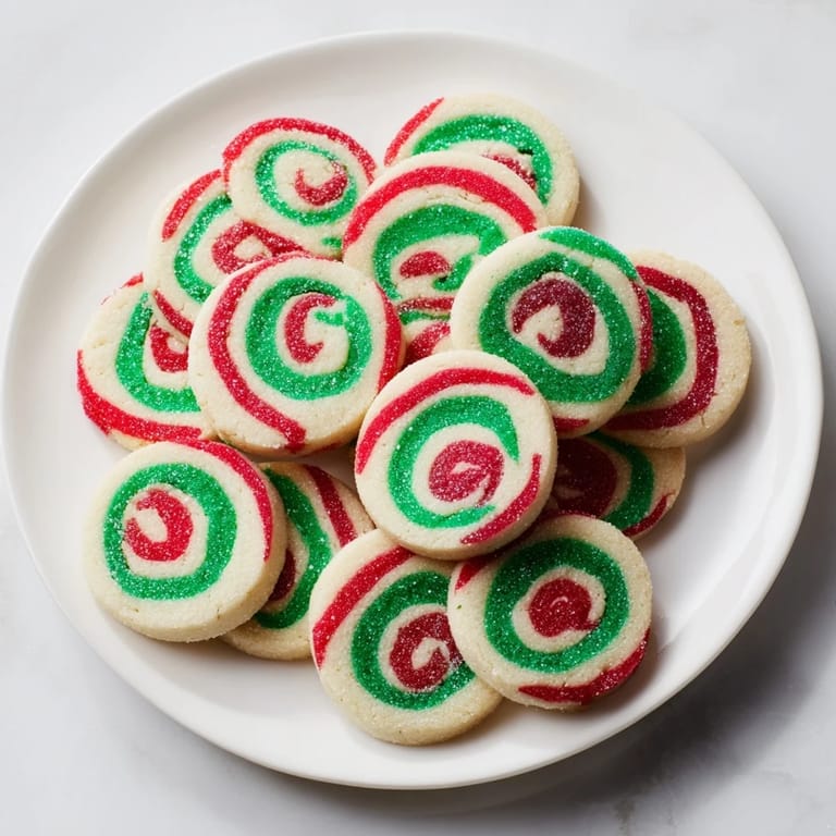 Chilled log of Holiday Pinwheel Cookies, sliced and arranged on parchment for baking and holiday treats.