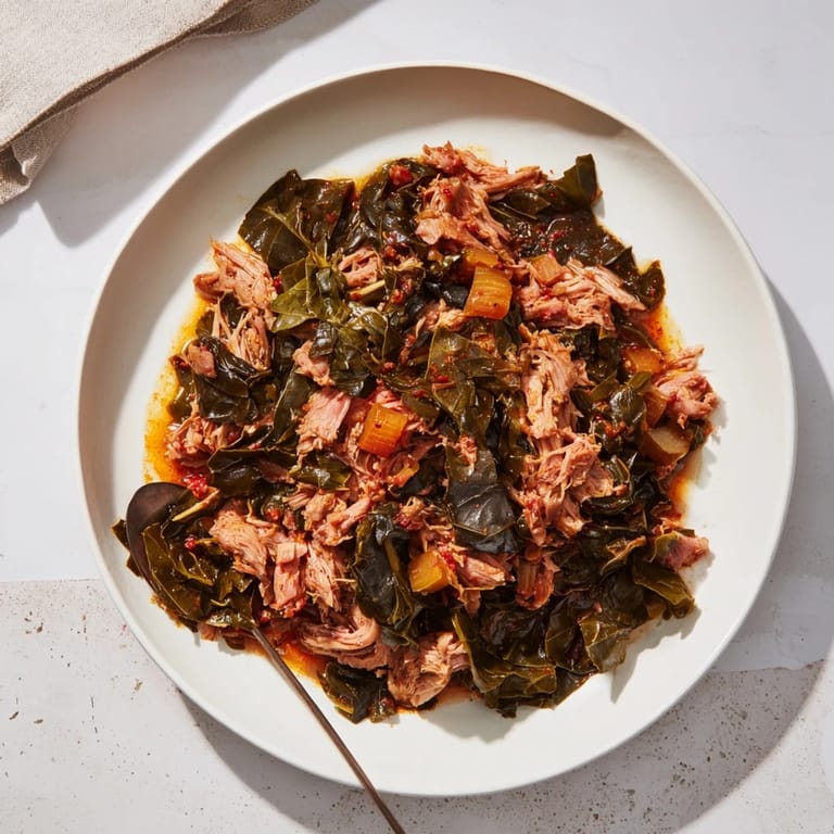 Bright green collard greens alongside tender smoked turkey, simmered into a delicious, savory dish.