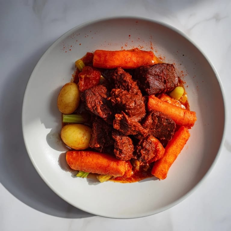 Tender beef and vegetables simmer in this hearty Smoked Paprika & Garlic Beef Stew, ready to serve!