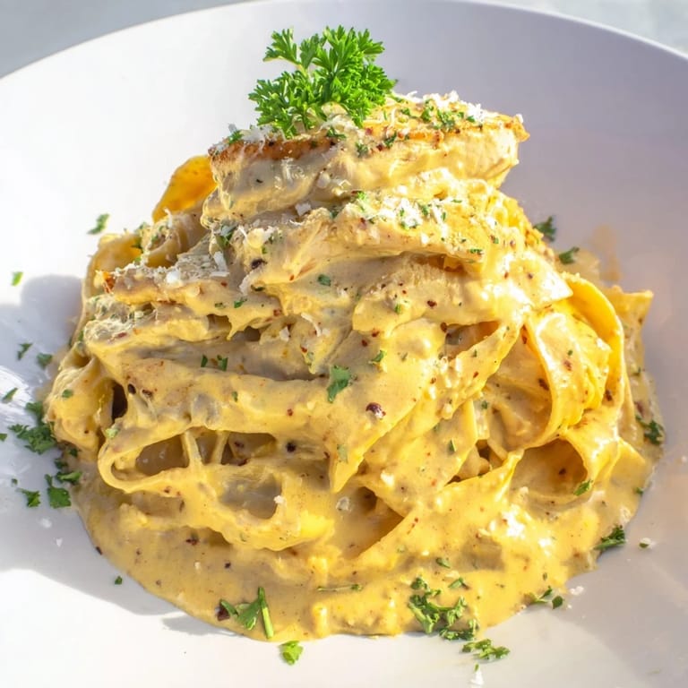 Sizzling Cajun-seasoned chicken slices atop fettuccine Alfredo, a delicious Velveeta sauce delight.