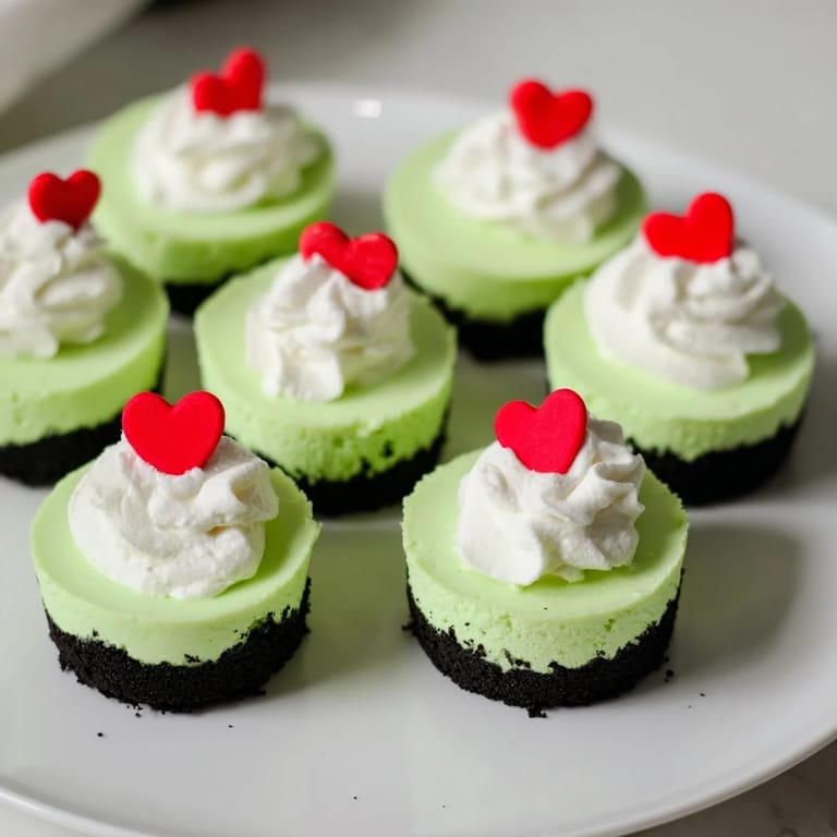 A close-up of creamy, vibrant green Grinch Mini Cheesecakes, perfect for Christmas with a red heart.