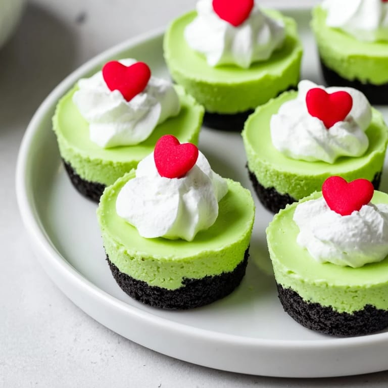 Twelve adorable Grinch Mini Cheesecakes, freshly baked and delightfully jiggly, await your holiday party.