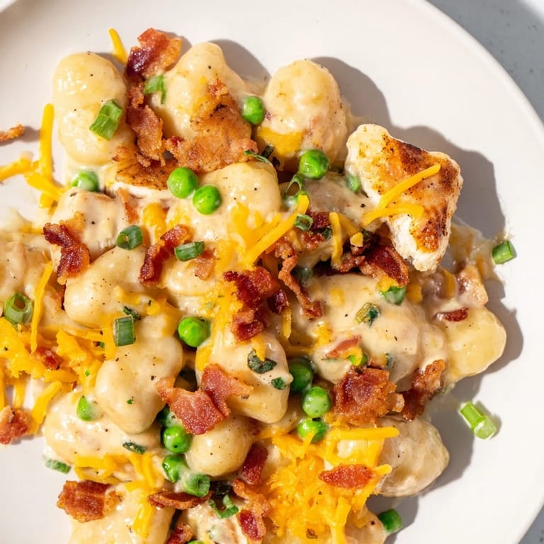 A close-up view of Creamy Crack Chicken Gnocchi shows potato gnocchi coated in a decadent, savory sauce.