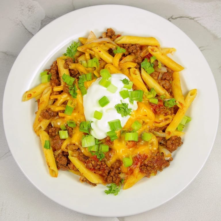 Enjoy the delicious aroma of this Easy Beef Enchilada Pasta with its melted cheese and flavorful Mexican spices.