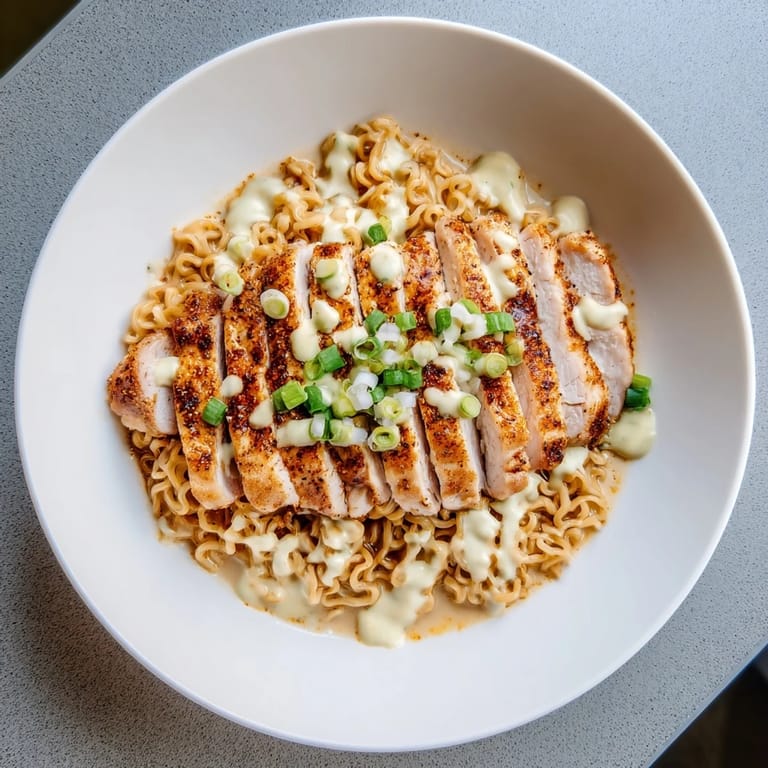 A close-up view of the spicy Fiery Chicken Ramen, with glistening noodles and savory, sliced chicken visible.