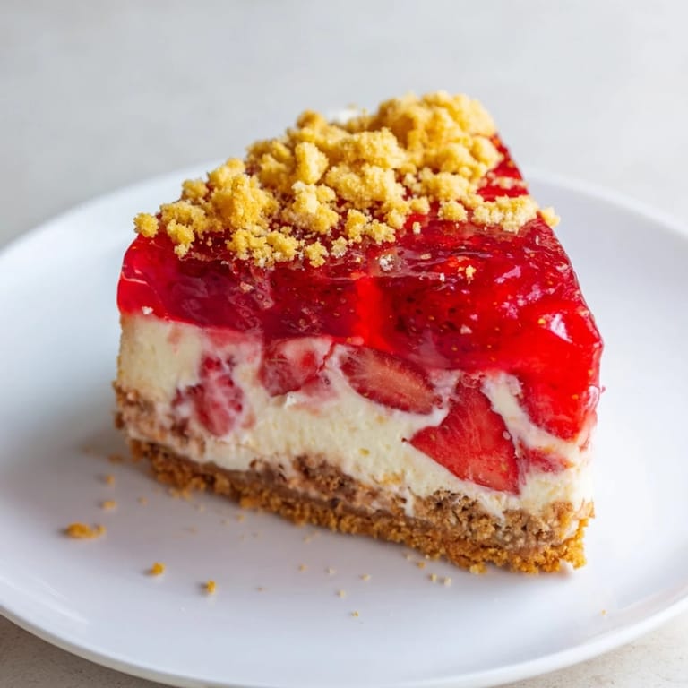 This photo shows a close-up of a perfectly layered Strawberry Shortcake Cheesecake, ready to eat.